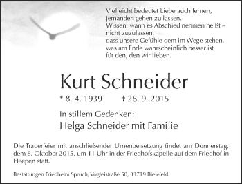 Traueranzeige von Kurt Schneider von Neue Westfälische