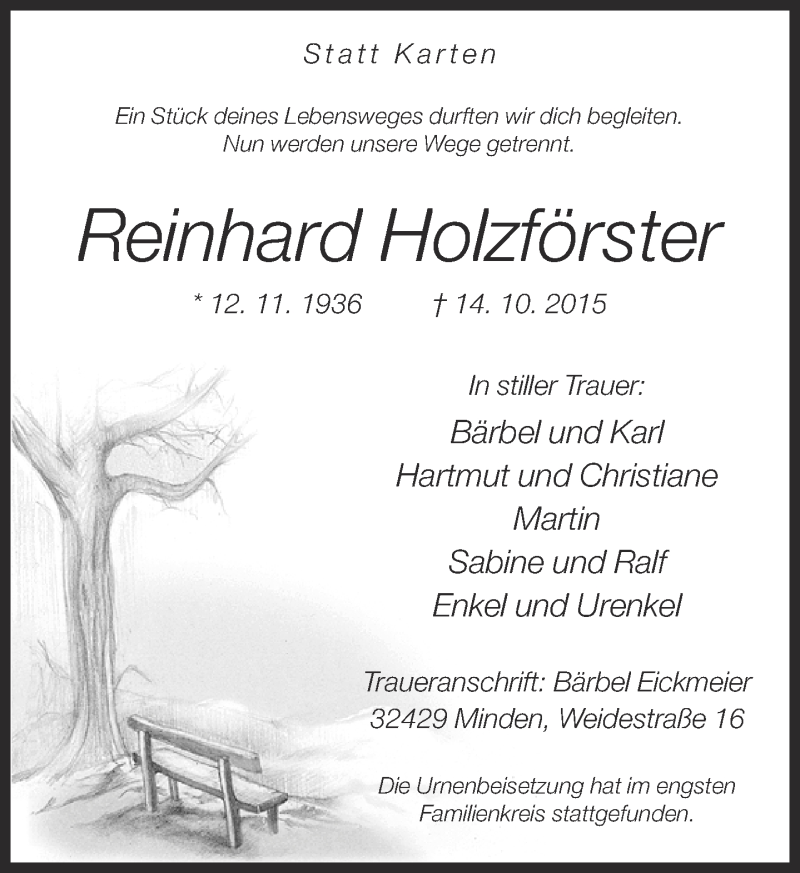 Traueranzeige für Reinhard Holzförster vom 31.10.2015 aus Neue Westfälische