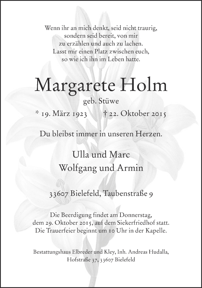  Traueranzeige für Margarete Holm vom 26.10.2015 aus Neue Westfälische