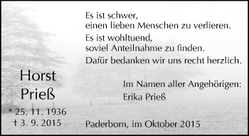 Traueranzeige von Horst Prieß von Neue Westfälische