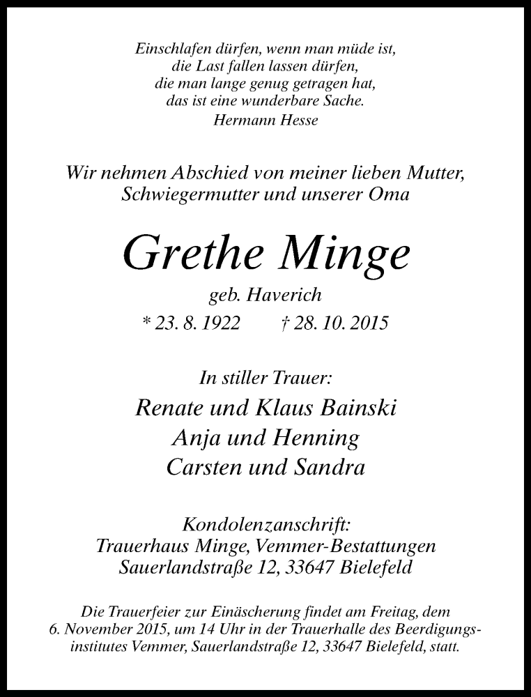  Traueranzeige für Grethe Minge vom 31.10.2015 aus Neue Westfälische