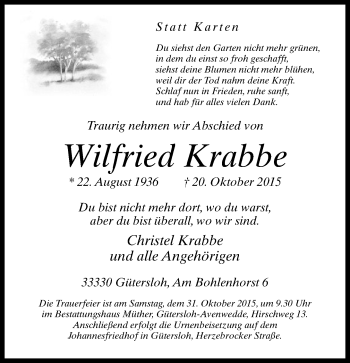 Traueranzeige von Wilfried Krabbe von Neue Westfälische