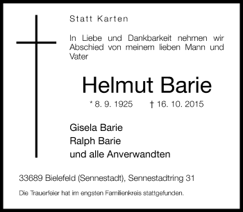 Traueranzeige von Helmut Barie von Neue Westfälische