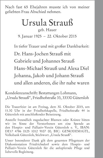 Traueranzeige von Ursula Strauß von Neue Westfälische