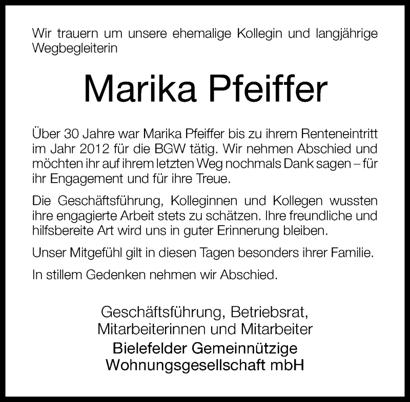  Traueranzeige für Marika Pfeiffer vom 24.10.2015 aus Neue Westfälische
