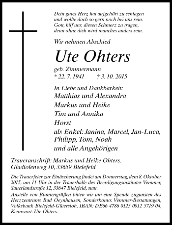 Traueranzeige von Ute Ohters von Neue Westfälische