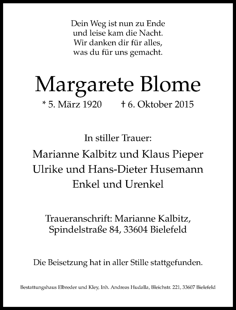  Traueranzeige für Margaret Blome vom 17.10.2015 aus Neue Westfälische