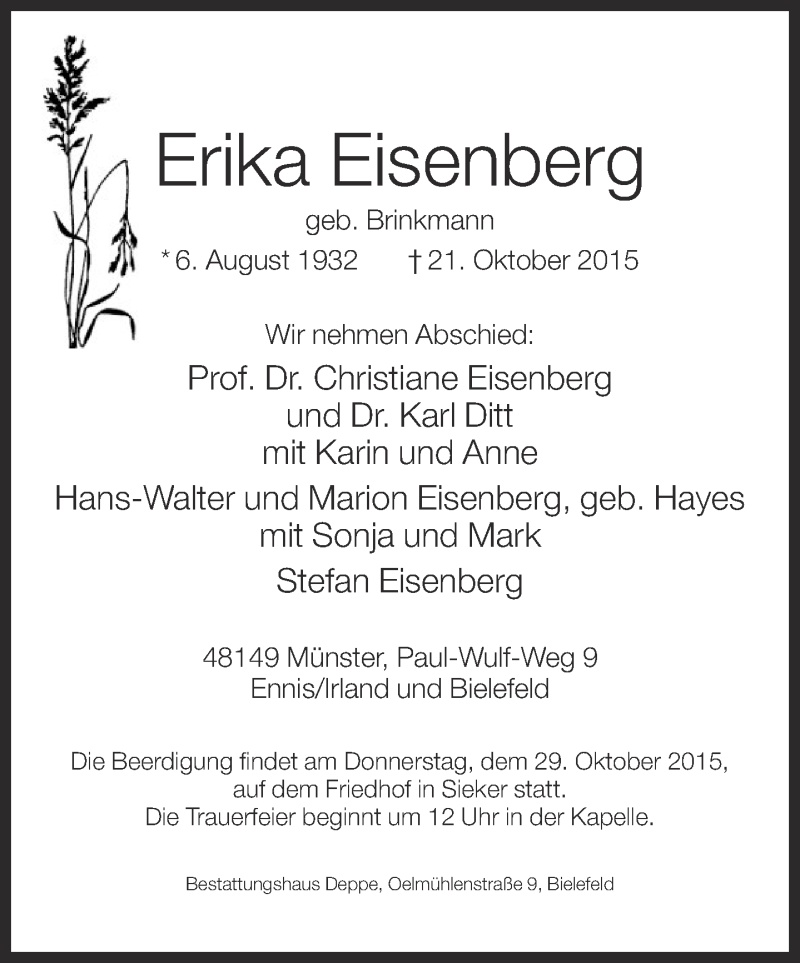  Traueranzeige für Erika Eisenberg vom 27.10.2015 aus Neue Westfälische