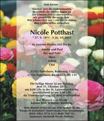 Traueranzeige von Nicole Potthast von Neue Westfälische