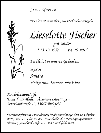 Traueranzeige von Lieserotte Fischer von Neue Westfälische