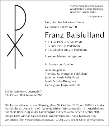Traueranzeige von Franz Balsfulland von Neue Westfälische
