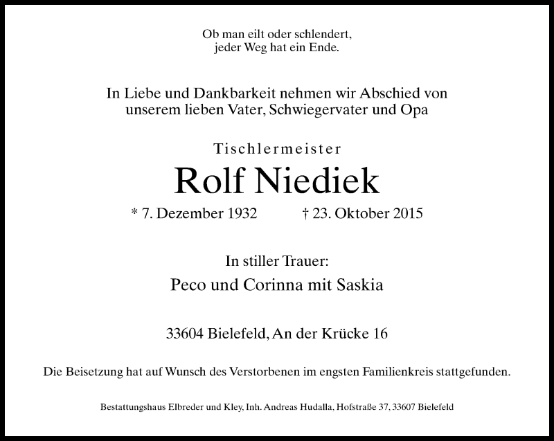  Traueranzeige für Rolf Niediek vom 31.10.2015 aus Neue Westfälische