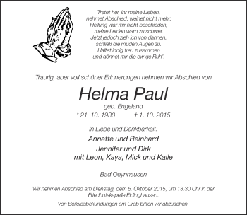 Traueranzeige von Helma Paul von Neue Westfälische