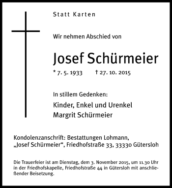 Traueranzeige von Josef Schürmeier von Neue Westfälische