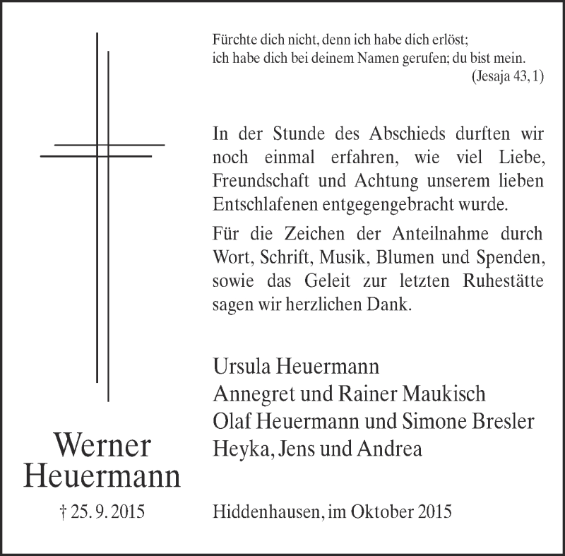  Traueranzeige für Ursula Heuermann vom 31.10.2015 aus Neue Westfälische