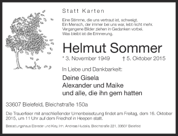 Traueranzeige von Helmut Sommer von Neue Westfälische