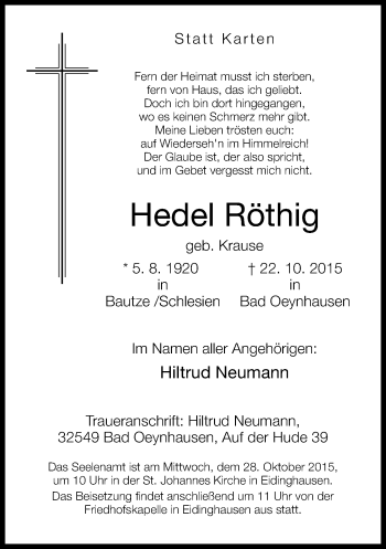 Traueranzeige von Hedel Röthig von Neue Westfälische