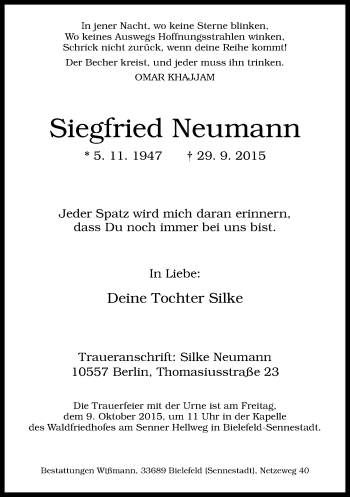 Traueranzeige von Siegfried Neumann von Neue Westfälische