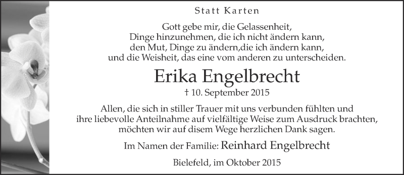  Traueranzeige für Erika Engelbrecht vom 03.10.2015 aus Neue Westfälische