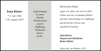 Traueranzeige von Irma Küster von Neue Westfälische