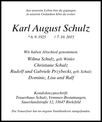 Traueranzeige von Karl August Schulz von Neue Westfälische