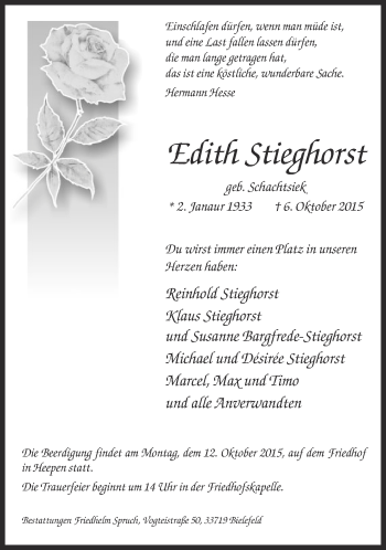 Traueranzeige von Edith Stieghorst von Neue Westfälische