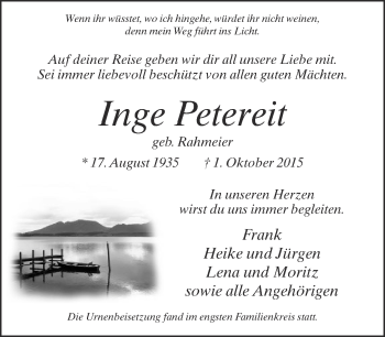 Traueranzeige von Inge Petereit von Neue Westfälische