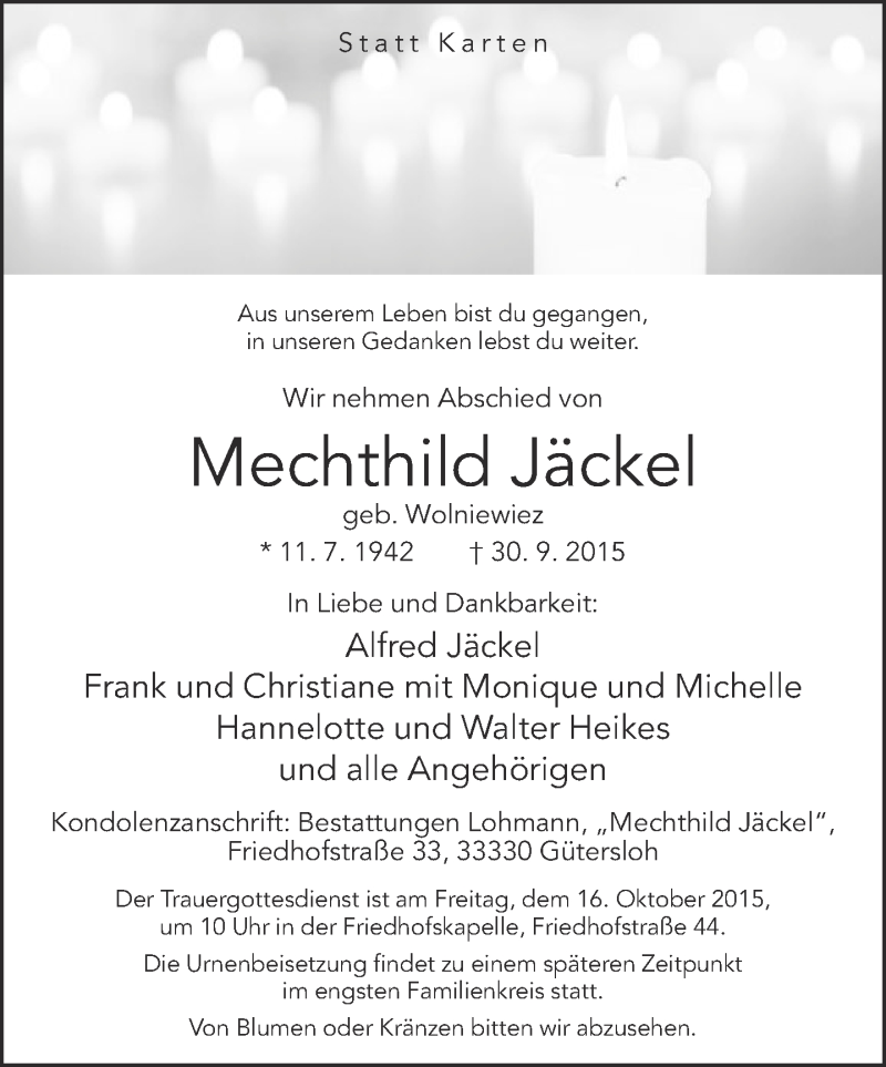  Traueranzeige für Mechthild Jäckel vom 10.10.2015 aus Neue Westfälische