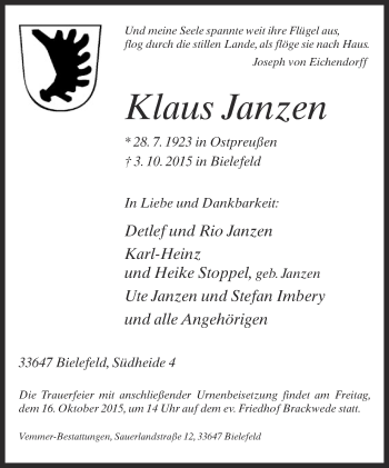 Traueranzeige von Klaus Janzen von Neue Westfälische