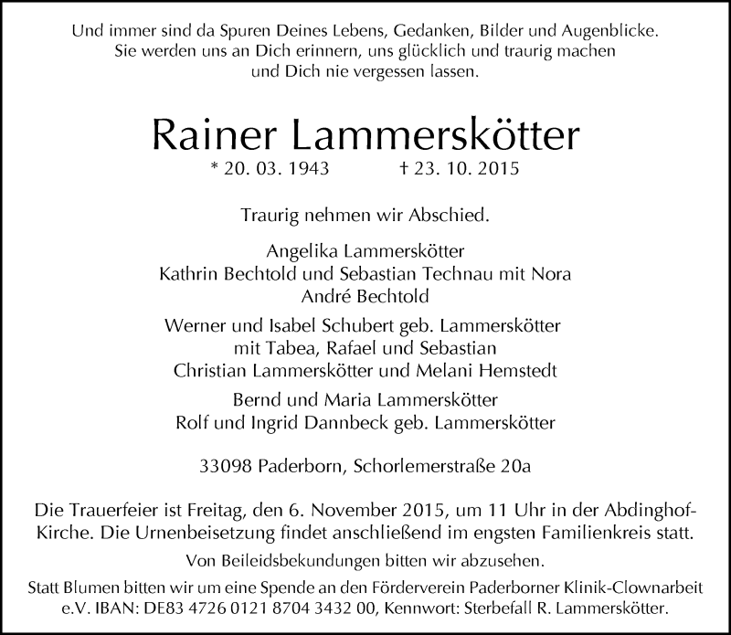  Traueranzeige für Rainer Lammerskötter vom 28.10.2015 aus Neue Westfälische