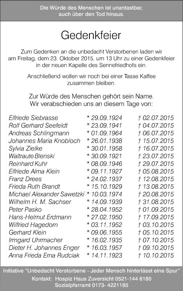  Traueranzeige für Hospiz Haus Zuversicht gedenkt vom 16.10.2015 aus Neue Westfälische