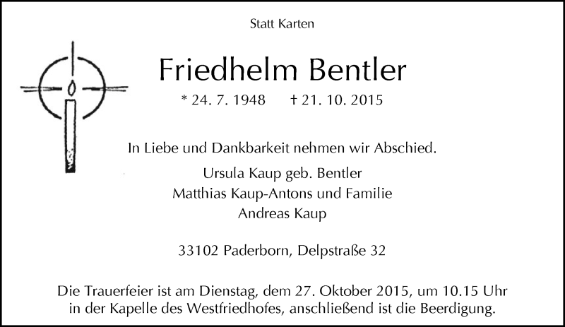 Traueranzeige für Friedhelm Bentler vom 23.10.2015 aus Neue Westfälische
