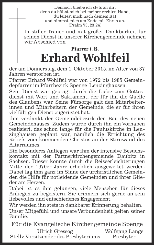  Traueranzeige für Erhard Wohlfeil vom 07.10.2015 aus Neue Westfälische