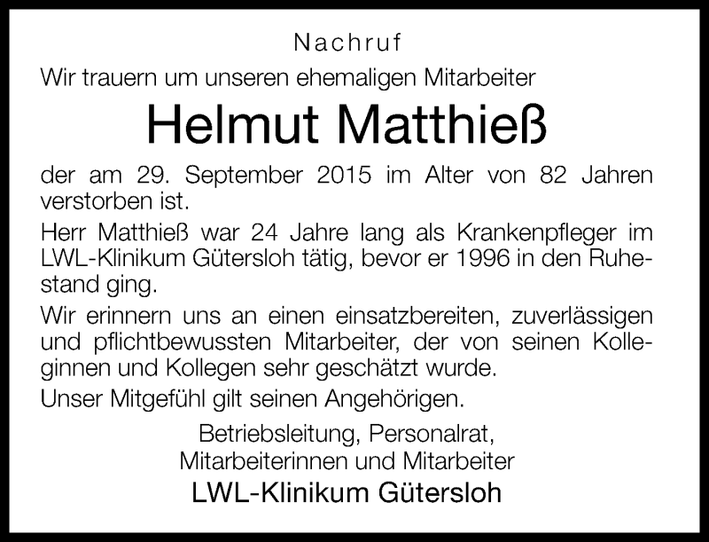  Traueranzeige für Helmut Matthieß vom 10.10.2015 aus Neue Westfälische
