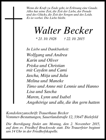 Traueranzeige von Walter Becker von Neue Westfälische