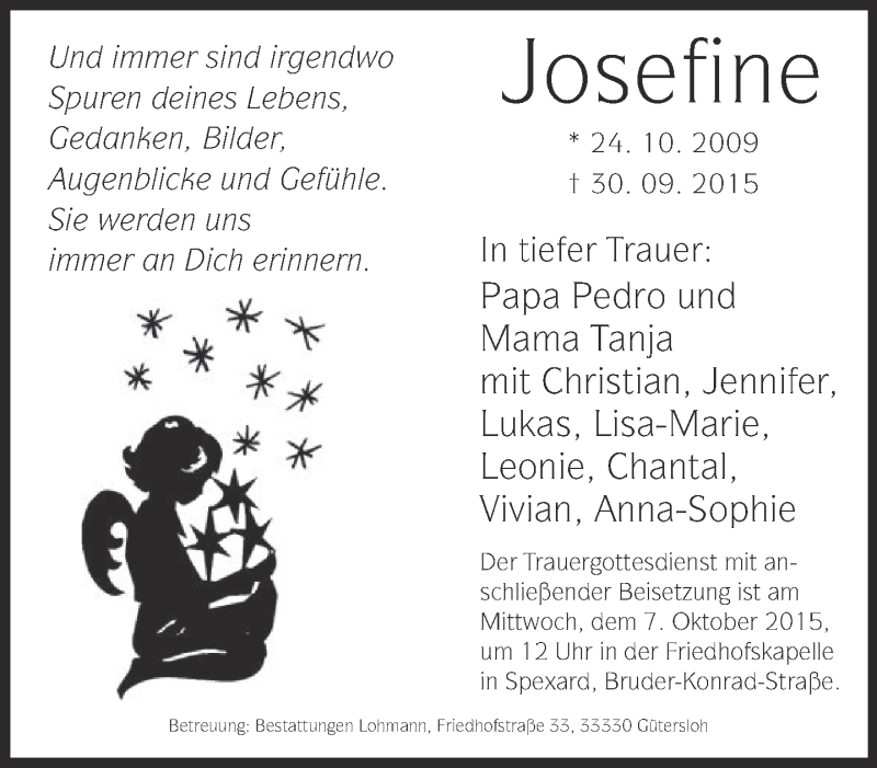  Traueranzeige für Josefine  vom 05.10.2015 aus Neue Westfälische