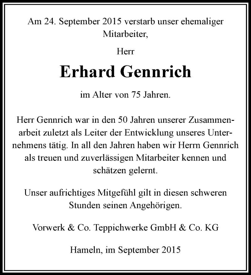  Traueranzeige für Erhard Gennrich vom 02.10.2015 aus Neue Westfälische