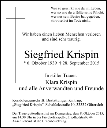 Traueranzeige von Siegfried Krispin von Neue Westfälische