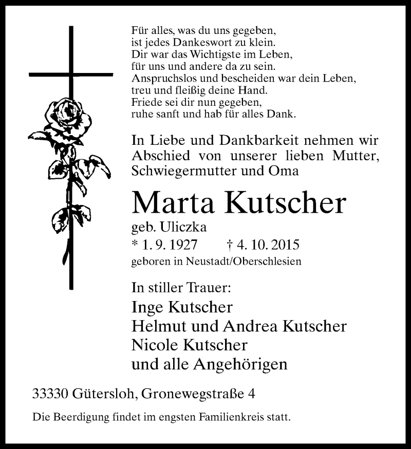  Traueranzeige für Marta Kutscher vom 07.10.2015 aus Neue Westfälische