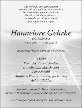 Traueranzeige von Hannelore Gehrke von Neue Westfälische