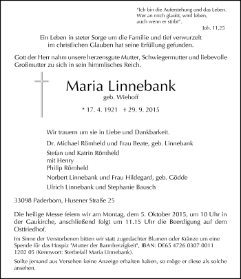 Traueranzeige von Maria Linnebank von Neue Westfälische