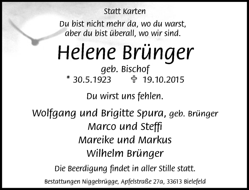  Traueranzeige für Helene Brünger vom 24.10.2015 aus Neue Westfälische