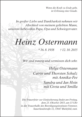 Traueranzeige von Heinz Ostermann von Neue Westfälische