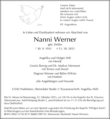 Traueranzeige von Nanni Werner von Neue Westfälische