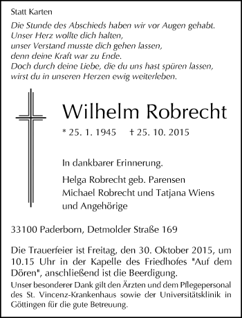 Traueranzeige von LWilhelm Robrecht von Neue Westfälische