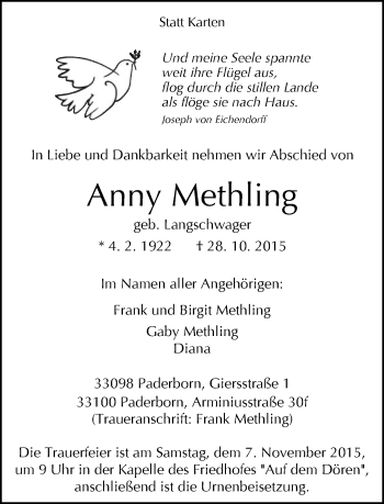 Traueranzeige von Anny Methling von Neue Westfälische