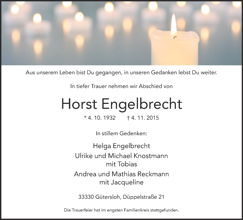  Traueranzeige für Horst Engelbrecht vom 14.11.2015 aus Neue Westfälische