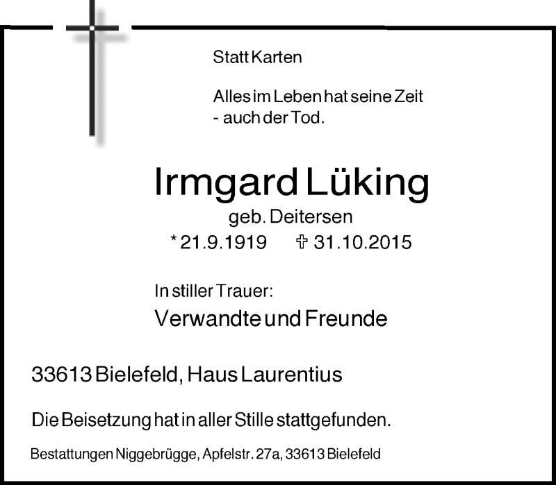 Traueranzeige für Irmgard Lüking vom 07.11.2015 aus Neue Westfälische