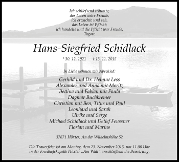 Traueranzeige von Hans-Siegfried Schidlack von Neue Westfälische