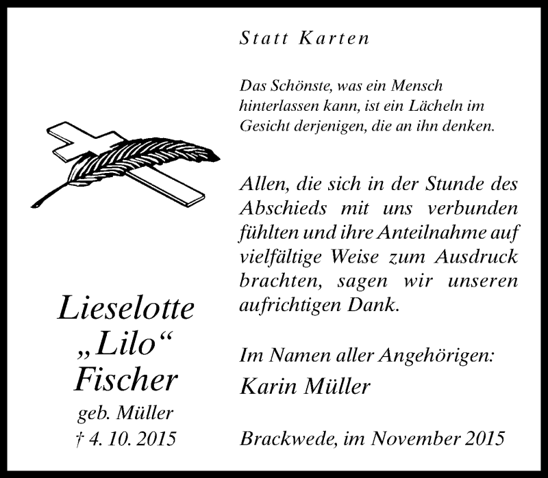  Traueranzeige für Lieselotte Fischer vom 07.11.2015 aus Neue Westfälische